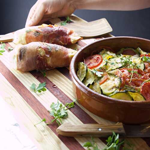Cured ham chicken rolls with mediterranean veggies