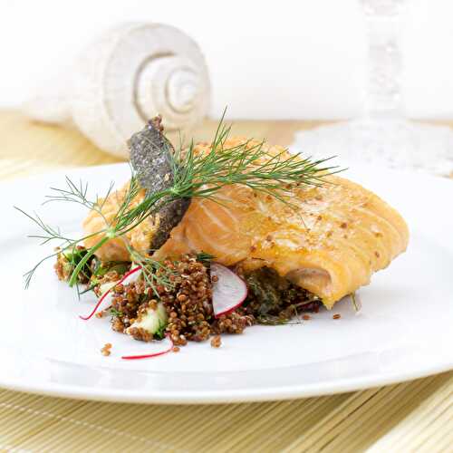 Maple-Mustard Salmon Fillet on a Red Quinoa, dill, cucumber Salad