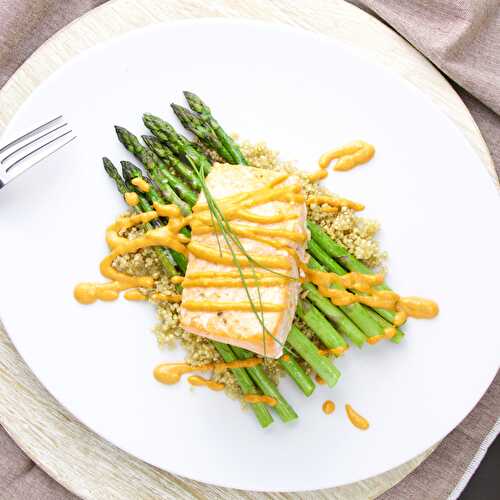Salmon Fillet on Quinoa, Asparagus bed topped with a Romesco Sauce