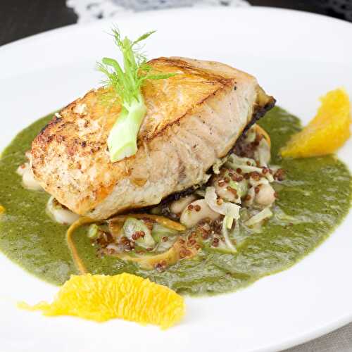 Salmon on a white bean, fennel, orange salad and spinach sauce