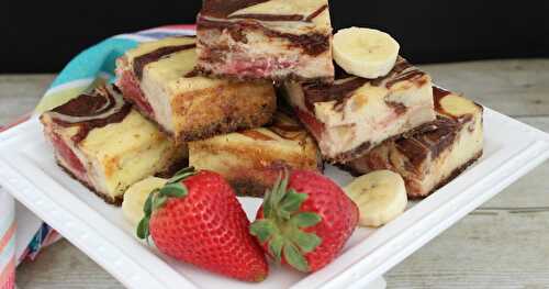 Chocolate Marbled Strawberry Bananas Foster Cheesecake Bars