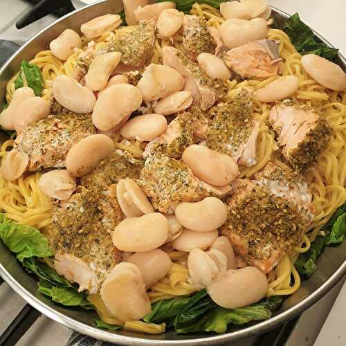 Baked za'atar salmon with egg noodles and spring greens