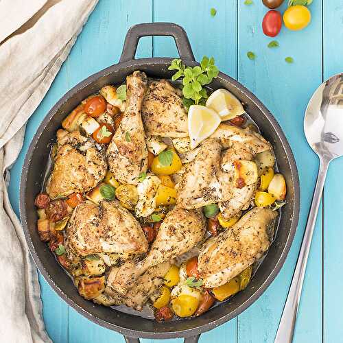 Baked Greek chicken with halloumi and heirloom tomatoes