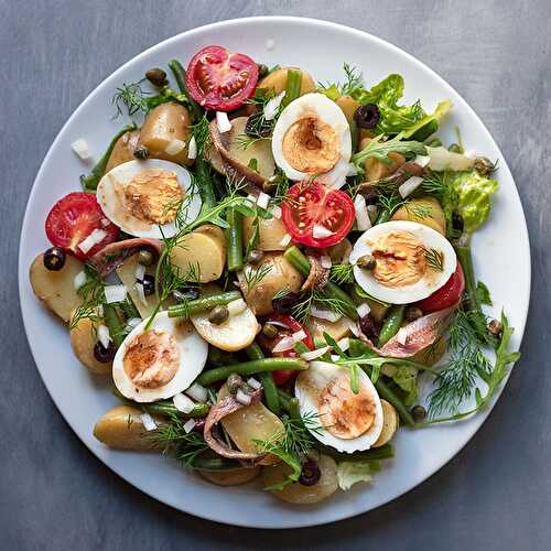 Healthy Mediterranean potato salad with boiled eggs (Nicoise)