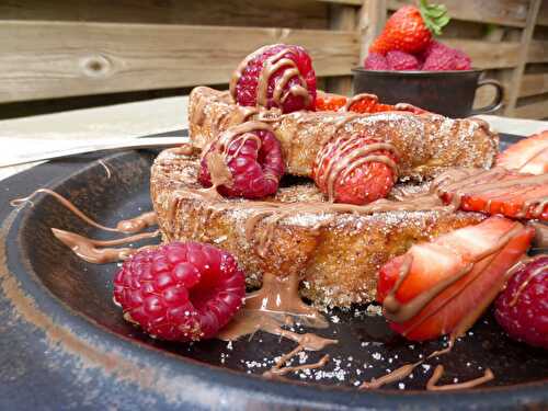 Churro French Toast (with milk chocolate, strawberries & raspberries)