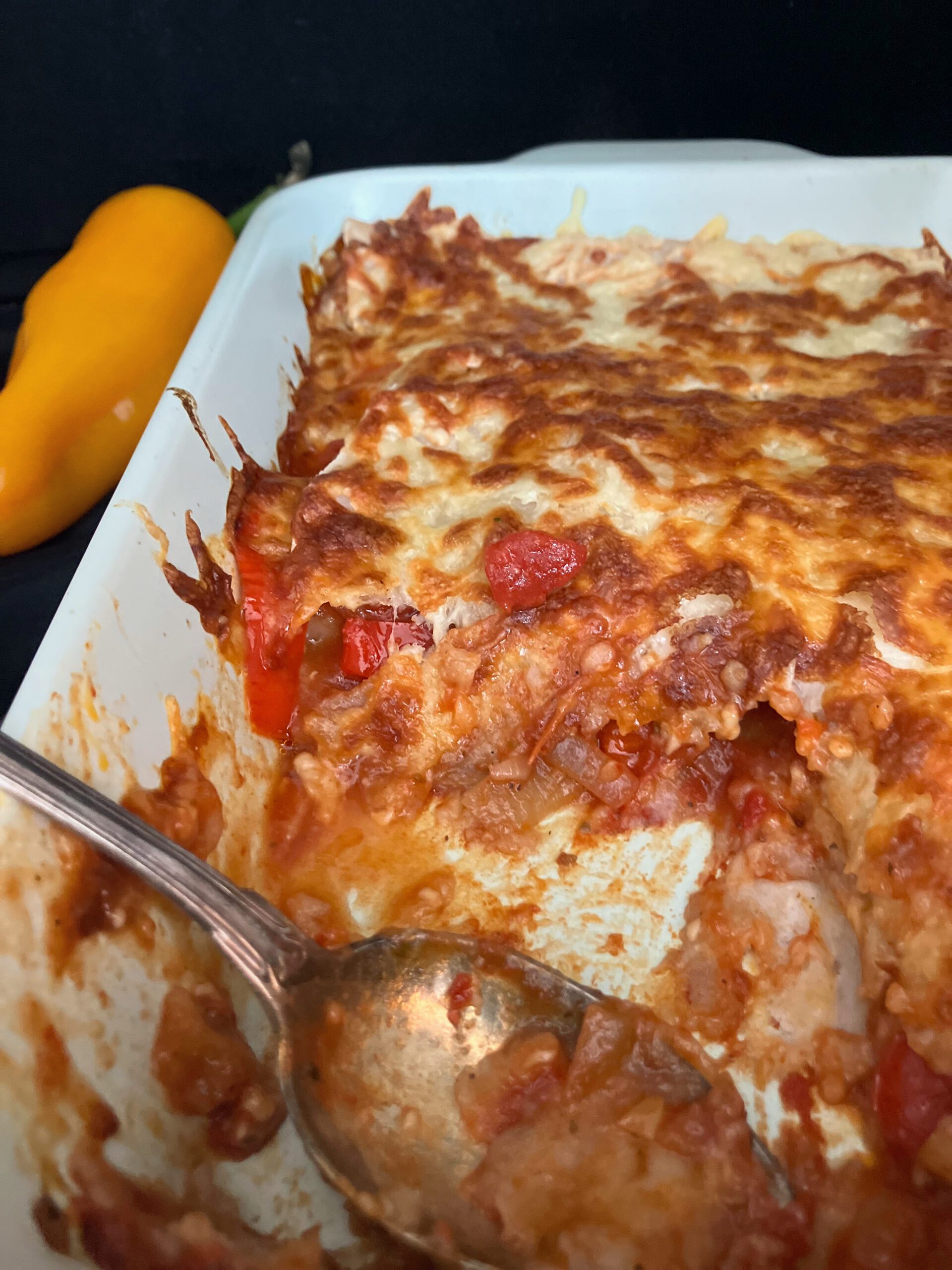 No Meat Tortilla Bake with Peppers and Onions