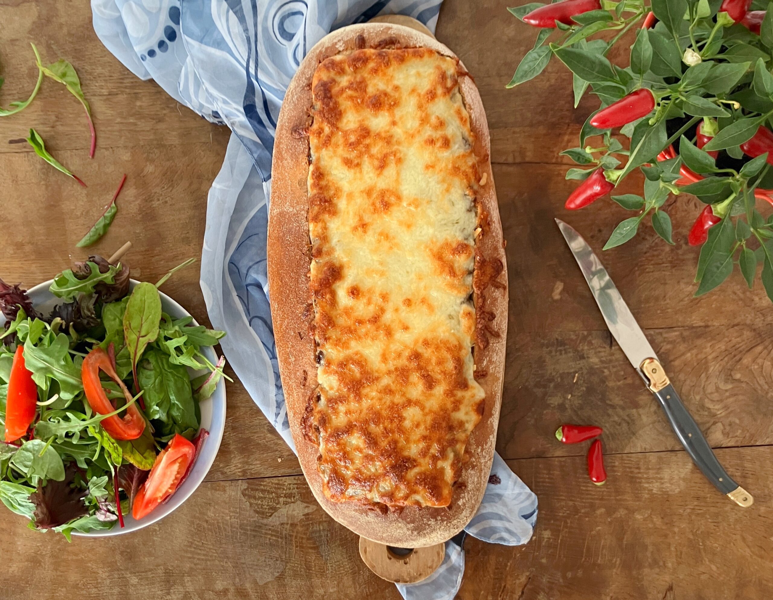 Mushroom Bolognese Stuffed Garlic Bread