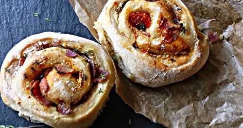 Cream cheese, ham, roasted onions with cherry tomato and basil oil chelsea buns