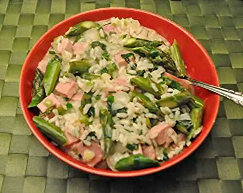 Asparagus and Ham Risotto; pansies