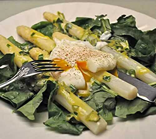 Asparagus and Spinach Salad with Poached Egg; tiny flowers