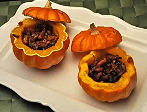 Baby Pumpkins Filled with Bacon, Shallots, Mushrooms; pumpkins for Halloween 