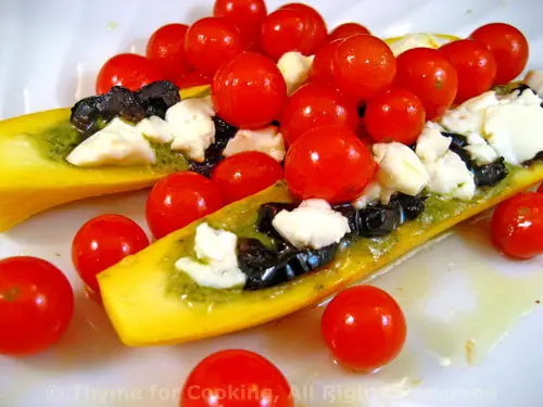 Baby Zucchini stuffed with Pesto, Feta and Olives; the update