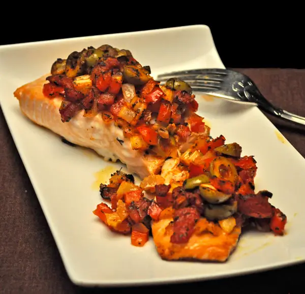 Baked Salmon with Red Pepper Relish, dinner in the village