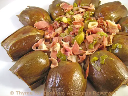Braised Artichokes with Ham and Green Garlic; purple artichokes