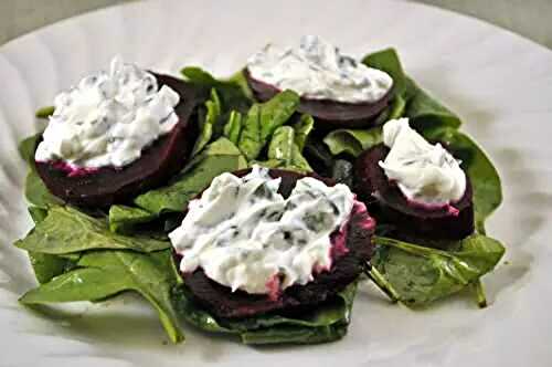 Creamy Goat Cheese topped Beets on Spinach Salad