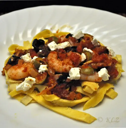 Egg "Noodles" with Shrimp Puttanesca Sauce, best shopping ever