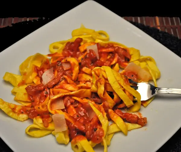 Egg "Noodles" with Tomato, Bacon Sauce; these noodles lack gluten