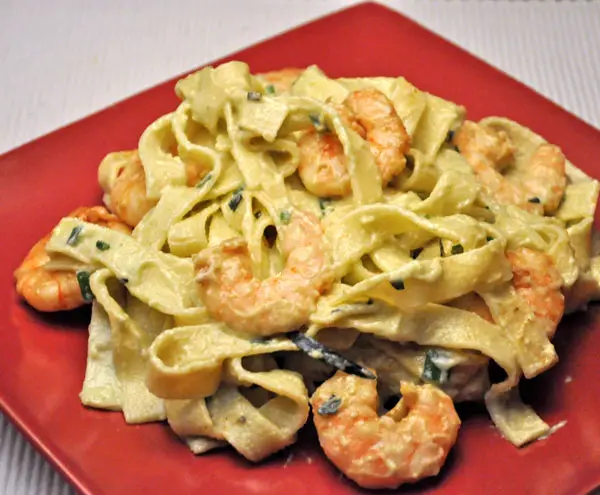 Fettuccini with Shrimp and Avocado Sauce; work