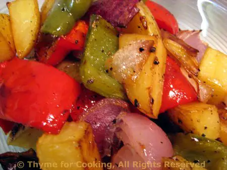 Grilled Potatoes, Peppers, and Onions; puppy feeding frenzy