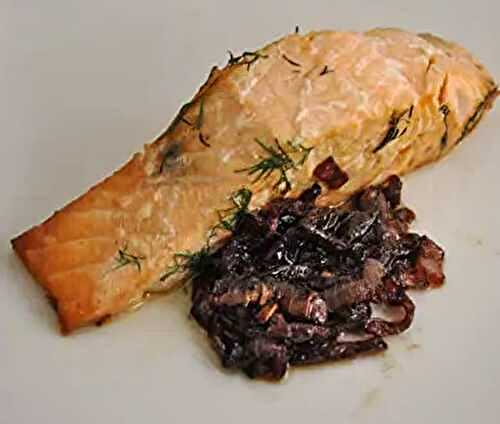 Grilled Salmon with Red Onion Confit; mystery vegetables