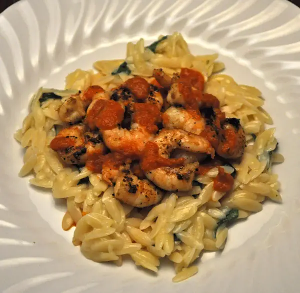 Grilled Shrimp with Pimiento Sauce On Herbed Orzo