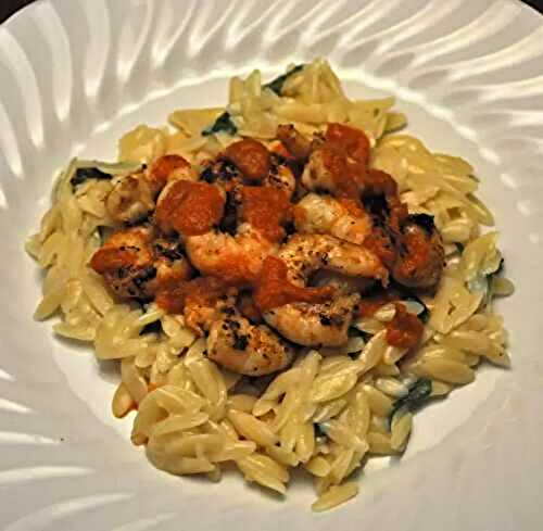 Grilled Shrimp with Pimiento Sauce On Herbed Orzo