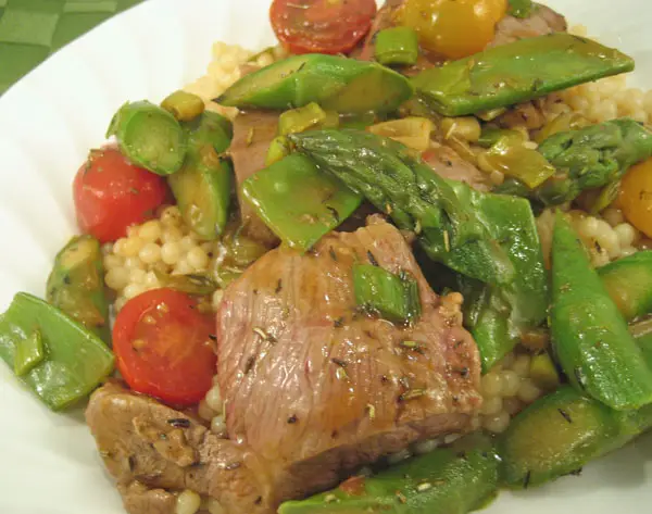 Lamb with Asparagus and Snow Peas; planting tomatoes with a crowbar