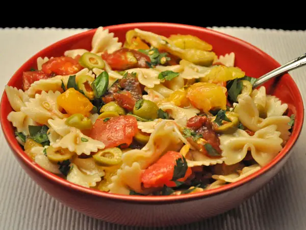 Pasta with Fresh Tomato, Green Olive Sauce; the watermelon