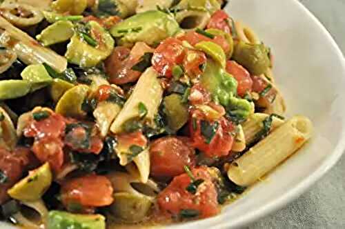 Pasta with Fresh Tomato, Olive and Avocado Sauce