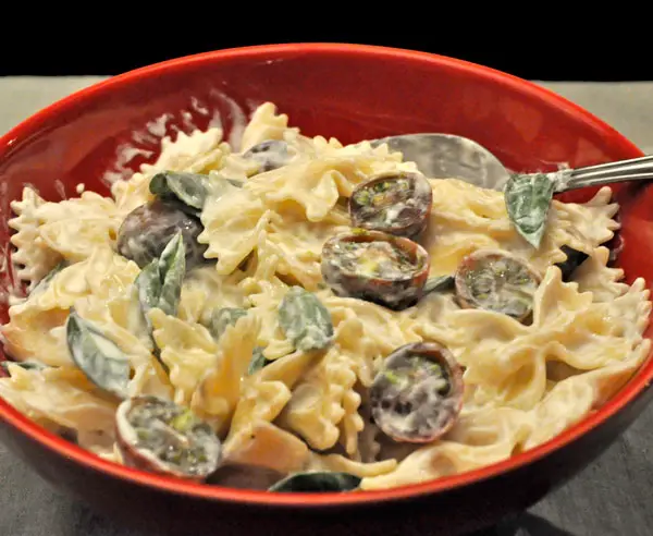 Pasta with Goat Cheese, Basil & Cherry Tomatoes; mutant sunflowers