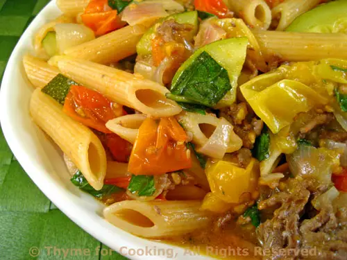 Pasta with Ground Beef, Zucchini and Cherry Tomatoes; death throes of a garden