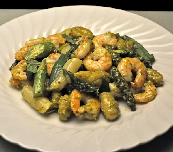 Pesto Shrimp with Asparagus and Gnocchi; opinion on ad and tiny flowers