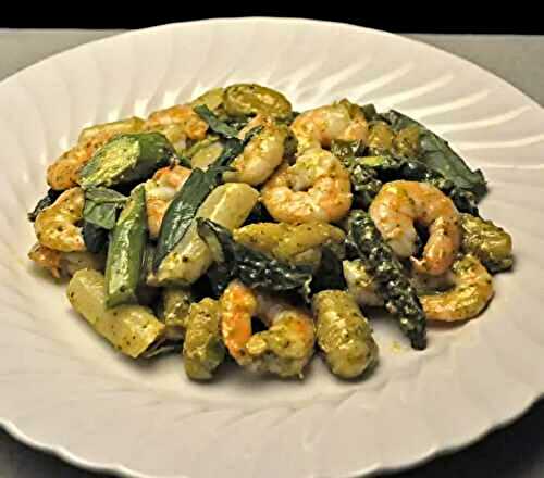 Pesto Shrimp with Asparagus and Gnocchi; opinion on ad and tiny flowers