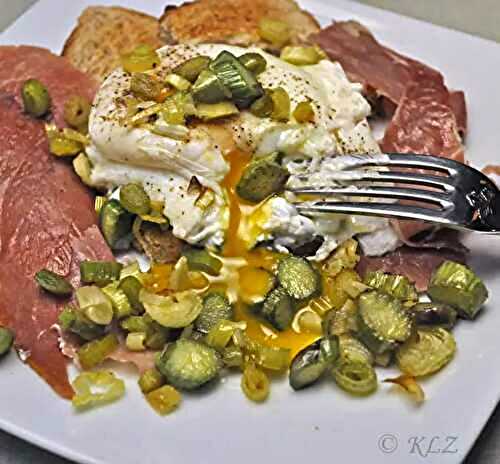 Poached Eggs with Asparagus, Green Garlic and Prosciutto