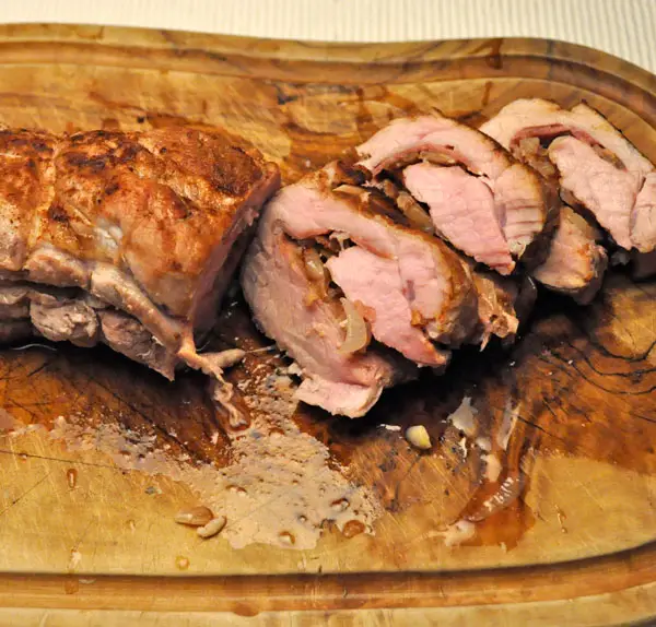 Pork Tenderloin Stuffed with Shallots; water birds