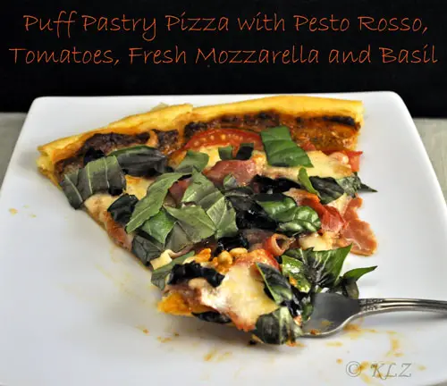 Puff Pastry Pizza with Pesto Rosso, Tomatoes, Fresh Mozzarella and Basil