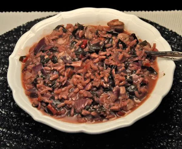 Red Chard, Red Wine, Sausage  Risotto; potager surrenders to winter