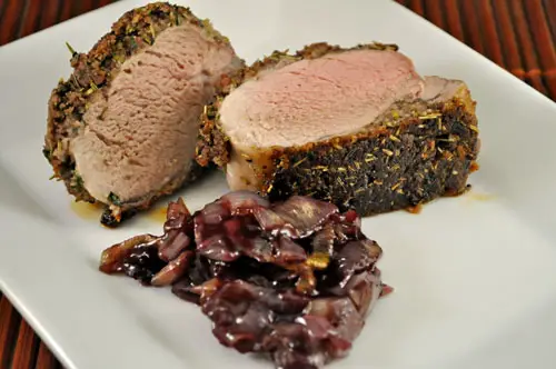 Roasted Pork Tenderloin with Red Wine Shallot Confit, spring dinner