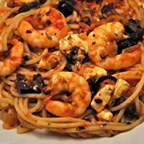 Shrimp, Feta & Greek Olives on Spaghetti