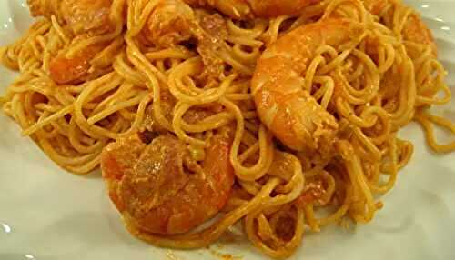 Shrimp in Tomato and Green Garlic Sauce on Angel Hair Pasta; My Hoopoe