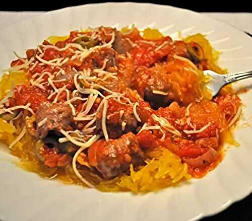 Spaghetti Squash with Olives and Duck Sausage