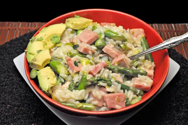 Spring Risotto with Ham, Asparagus and Avocado, buzzing wisteria