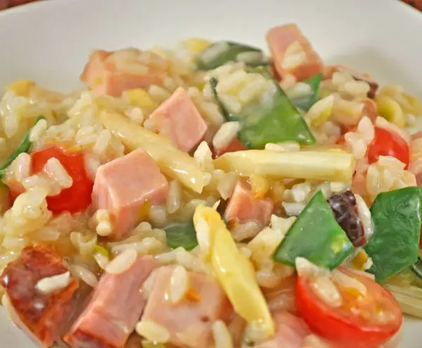 Spring Risotto with White Asparagus, Snow Peas