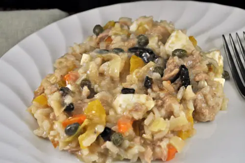 Tuna, Caper and Feta Risotto; puppy bellies