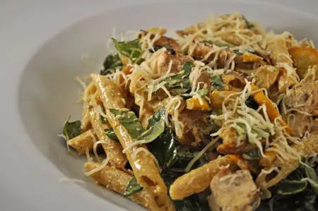Warm Pasta Salad with Chicken, Spinach, Squash and Basil; a wee rant on diets