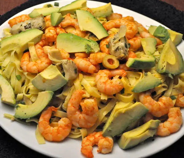 Warm Pasta Salad with Shrimp and Avocados; seasons
