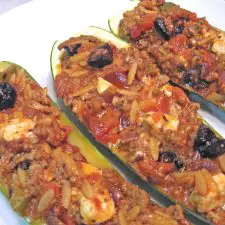 Zucchini Stuffed with Beef, Orzo, & Feta
