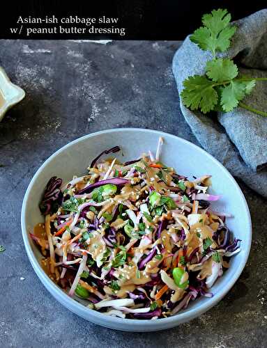 Colorful asian inspired cabbage salad with peanut butter dressing
