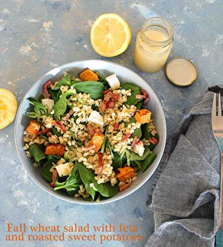 Fall wheat salad with feta cheese and roasted sweet potatoes