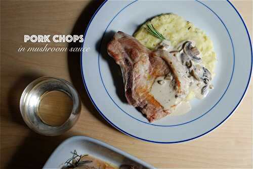 Pork chops in creamy mushroom sauce and rosemary mashed potatoes